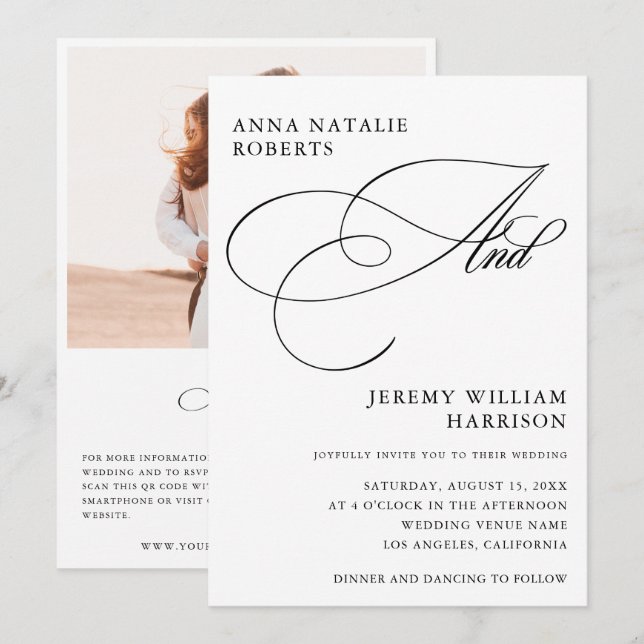 Invitation Script photo blanc et noir et Mariage de code QR (Devant / Derrière)