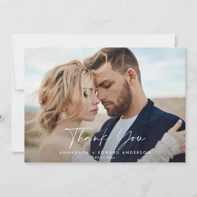 Invitation Script photo mariage merci vert sauge moderne (Devant)