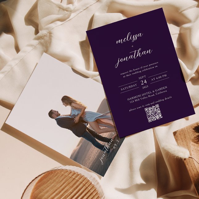 Invitation Script photo moderne prune violet QR Code Mariage (Créateur téléchargé)