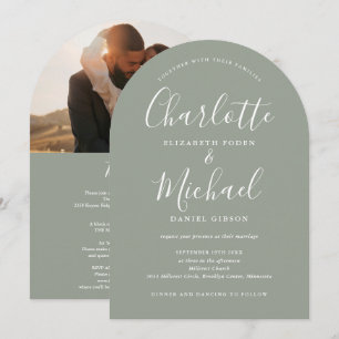 Invitation Script photo tout-en-un Mariage Arche de Sage Vert