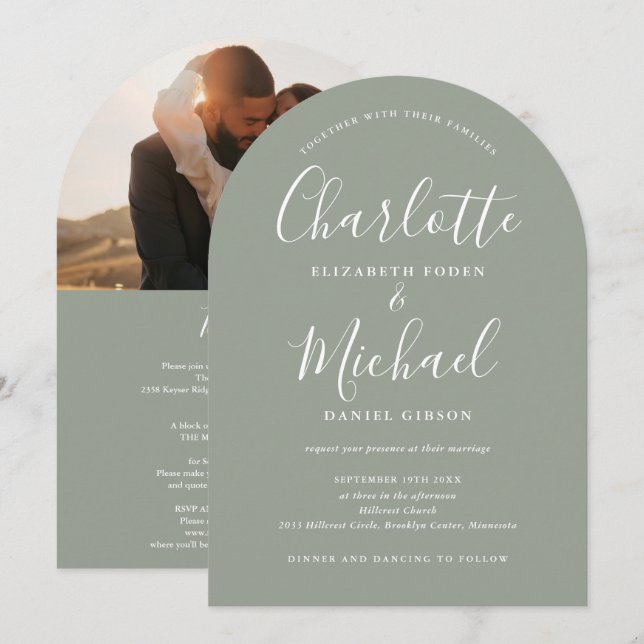 Invitation Script photo tout-en-un Mariage Arche de Sage Vert (Devant / Derrière)