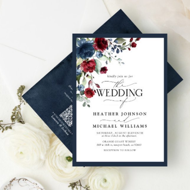 Invitation Script QRCode Marine Bleu Bourgogne Floral Aquarel (Créateur téléchargé)