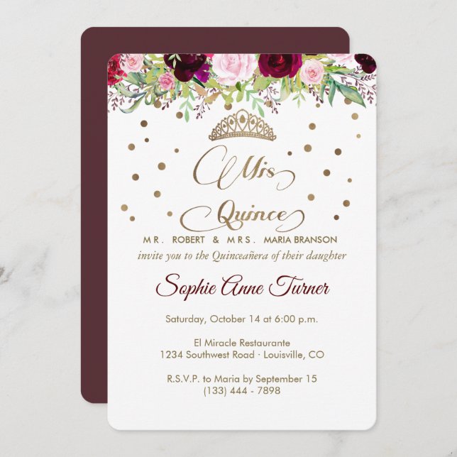 Invitation Script Quince Royal Burgundy Gold Mis Quinceañera (Devant / Derrière)