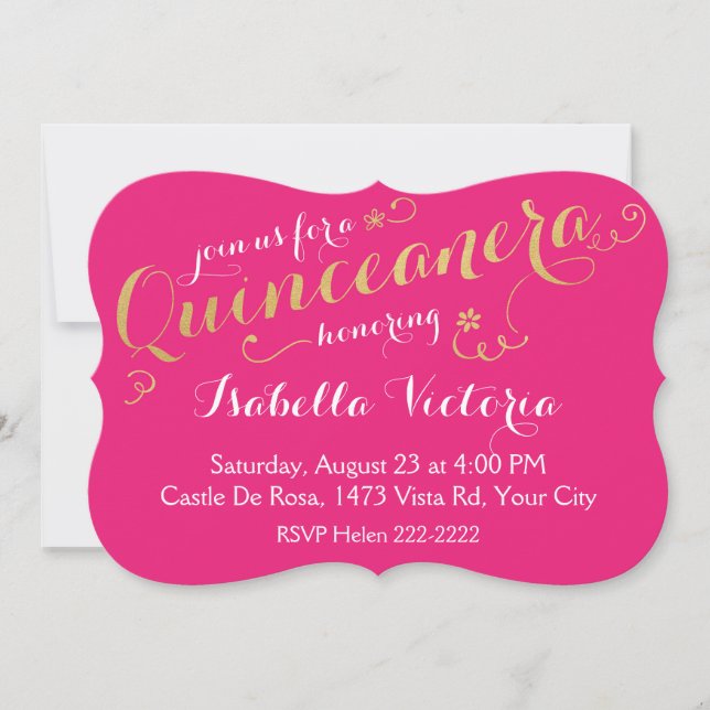 Invitation Script Quinceanera rose et or (Devant)