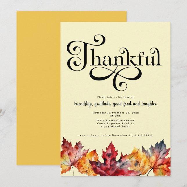 Invitation Script reconnaissant Feuilles aquarelle Moutarde j (Devant / Derrière)