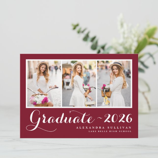 Invitation Script Red Trois photo Collage Graduation (Debout devant)