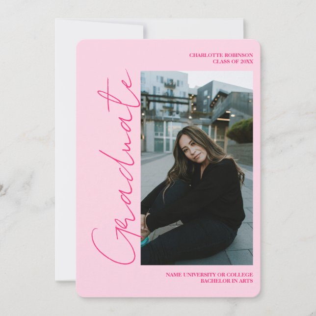Invitation Script retro neon pink graduate photo graduation (Devant)