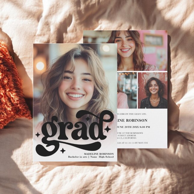 Invitation Script rétro noir blanc 4 photo Graduation (Retro Script Black White 4 Photo Graduation Invitation)