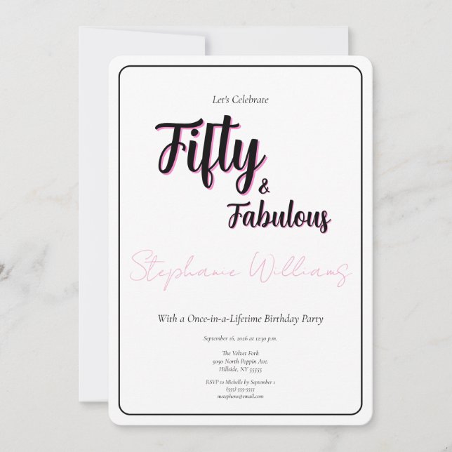 Invitation Script rose 50 ans et fabuleux Fête d'anniversaire (Devant)
