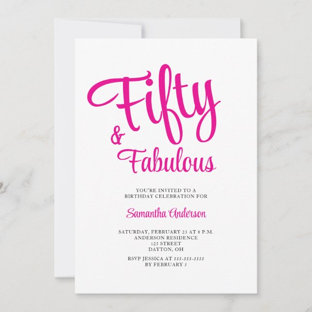 Invitation Script rose 50 ans et fabuleux pour une fête d'ann (Devant)