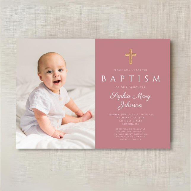 Invitation Script rose moderne Croix fille photo Baptême (Modern Pink Script Cross Girl Photo Baptism Invitation)