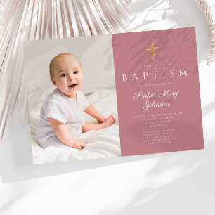 Invitation Script rose moderne Croix fille photo Baptême