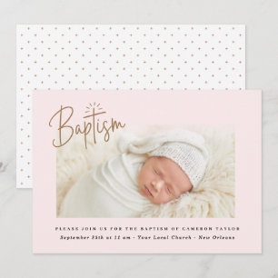 Invitation Script rose subtil croisé Baptême fille photo