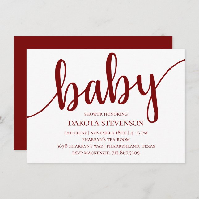 Invitation Script rouge simple | Baby shower aux cerises (Devant / Derrière)