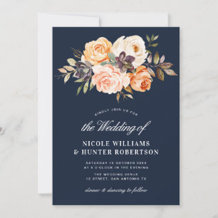 Invitation Script rustique automne floral marine bleu mariage