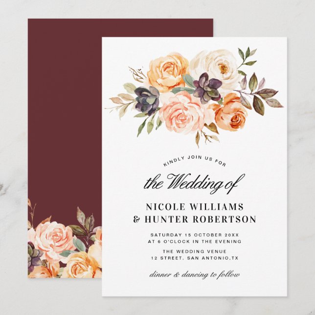 Invitation Script rustique automne mariage floral (Devant / Derrière)