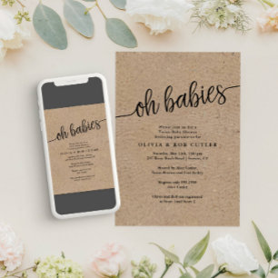 Invitation Script rustique Kraft Oh Babies Baby shower jumeau