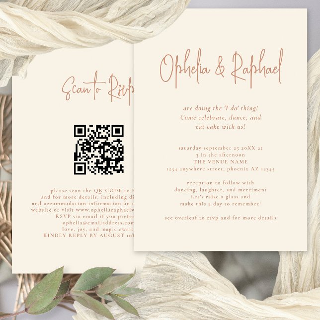 Invitation Script rustique QR Code Boho Cream Mariage (Front and back view. Available digitally or printed.)