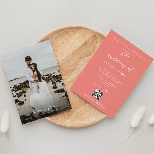 Invitation Script simple élégant Coral Rose QR Code Mariage (Créateur téléchargé)