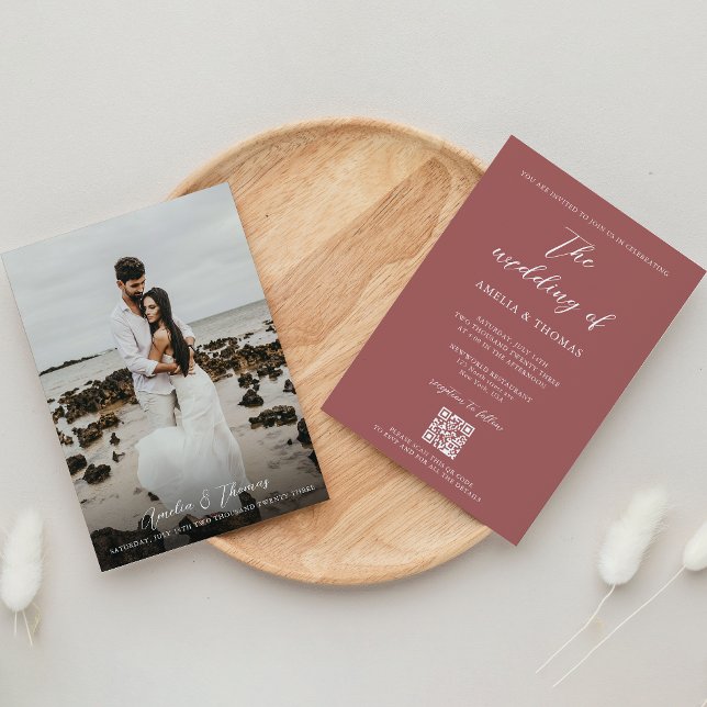 Invitation Script simple élégant Dusty Rose QR Code Mariage (Créateur téléchargé)