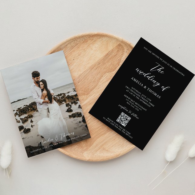 Invitation Script simple élégant noir photo QR Code Mariage (Créateur téléchargé)