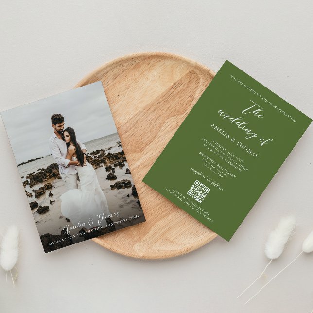 Invitation Script simple élégant Olive Green QR Code Mariage (Créateur téléchargé)