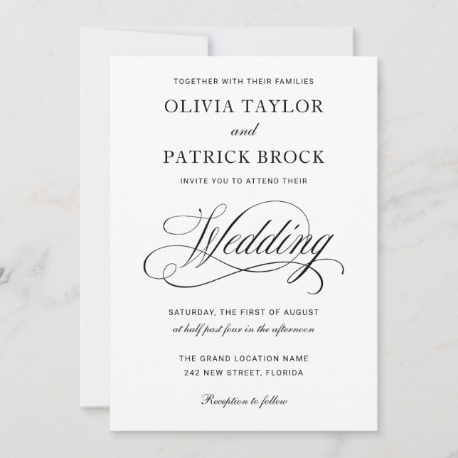 Invitation Script simple et élégant Mariage noir et blanc (Devant)