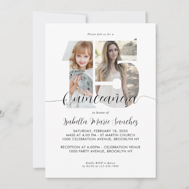 Invitation Script Simple Moderne 15 Quinceanera Photo Anniver (Devant)