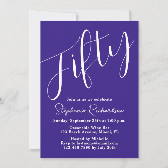 Invitation Script simple moderne violet 50e anniversaire (Devant)