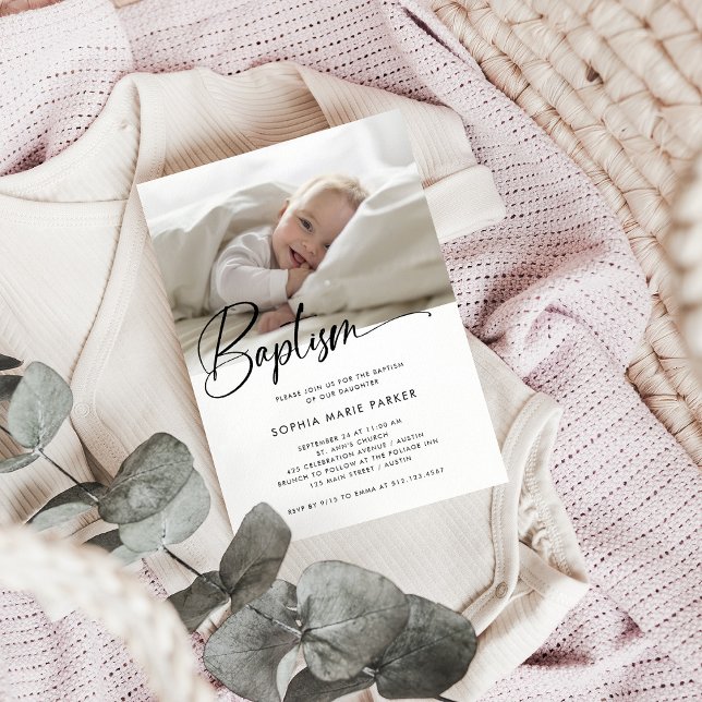 Invitation Script simple noir et blanc | Photo Baptême (A simple and stylish, black and white Baptism invitation with your baby's photo)