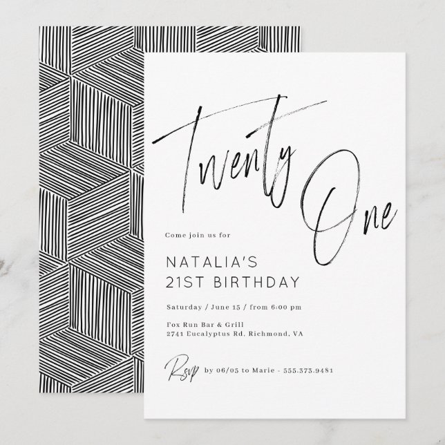 Invitation Script simple Noir moderne et blanc 21e anniversai (Devant / Derrière)