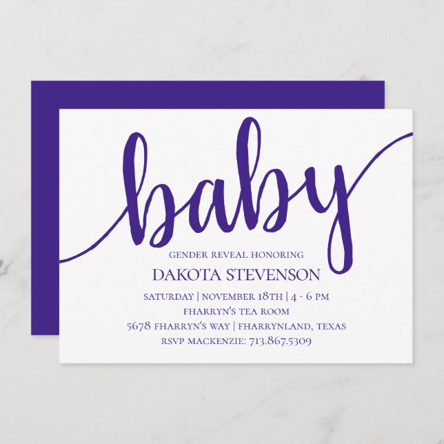 Invitation Script simple violet | Baby shower royal du raisin (Devant / Derrière)