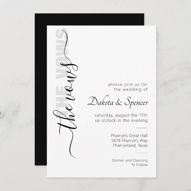 Invitation Script simple | Vows Mariages minimaux modernes In (Devant / Derrière)