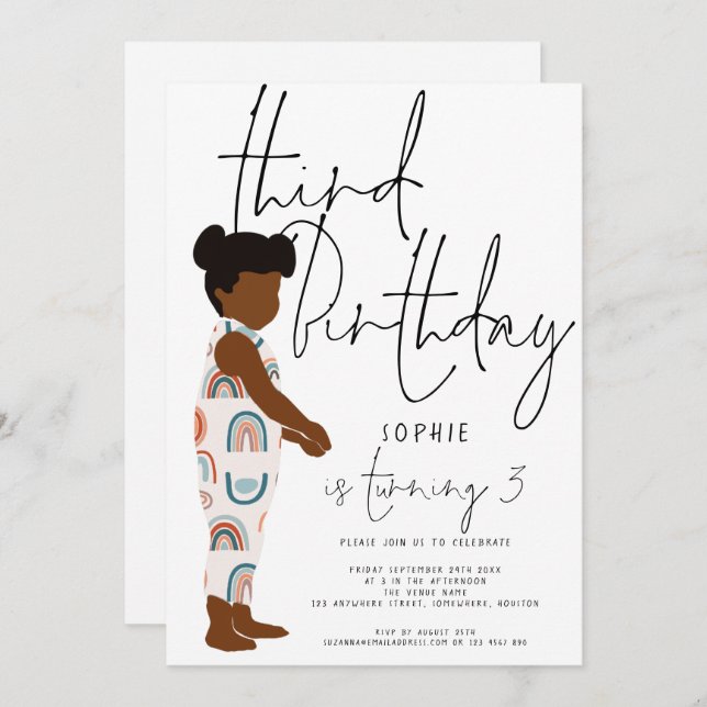 Invitation Script tendance Fille Rainbows Cheveux foncé 3e an (Devant / Derrière)