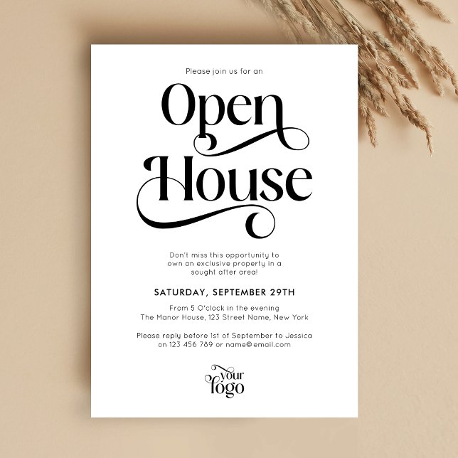 Invitation Script tendance Logo moderne Business Open House (Modern black and white Open House invitation with swirly serif fonts and simple layout)