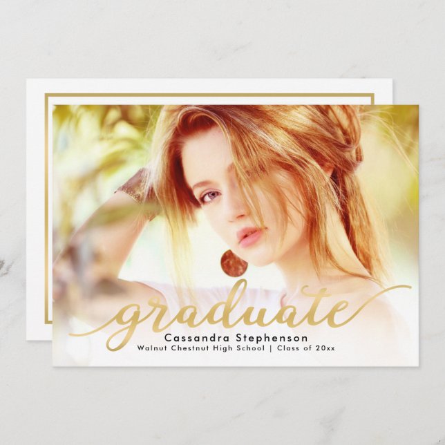 Invitation Script tendance Moderne Gold Photo Graduation (Devant / Derrière)