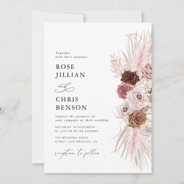 Invitation script tendance pampas dusty rose mariage (Devant)