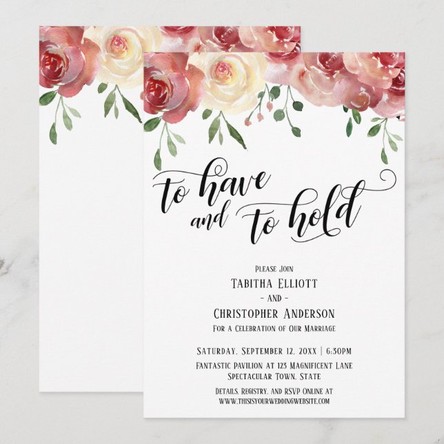 Invitation Script To Have and to Hold, Bourgogne, Roses Blush (Devant / Derrière)