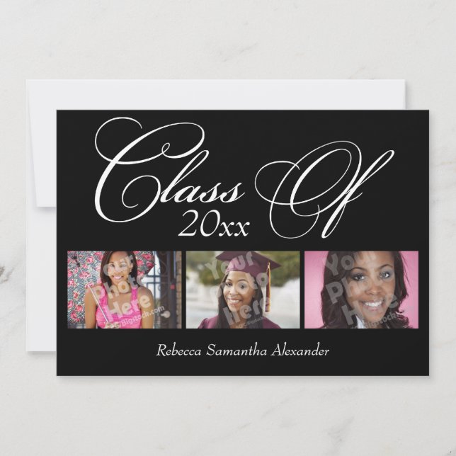 Invitation Script Tourbillonnant noir 3-Photo Graduation (Devant)