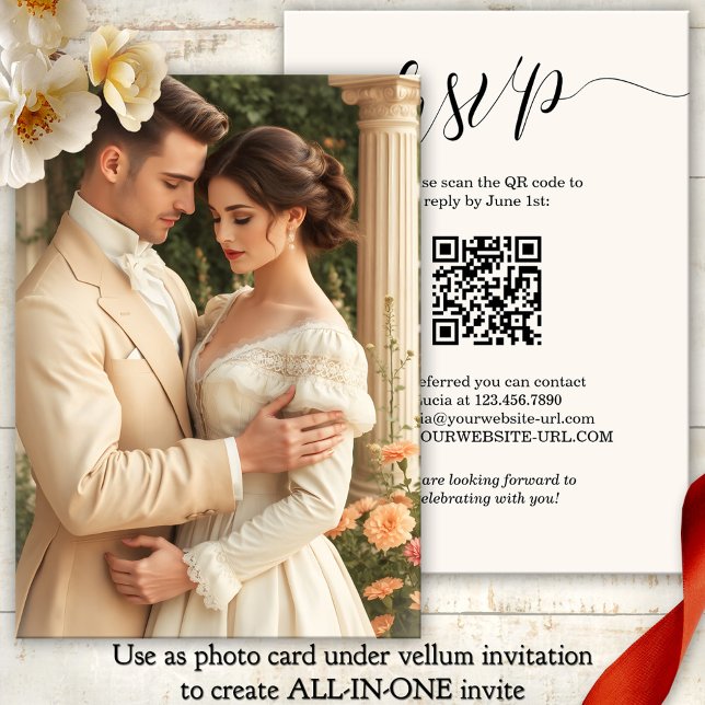Invitation Script tout en un Vellum Photo Arrière - plan Mari (Elegant script photo wedding invitation background with RSVP and QR code - vellum addition)