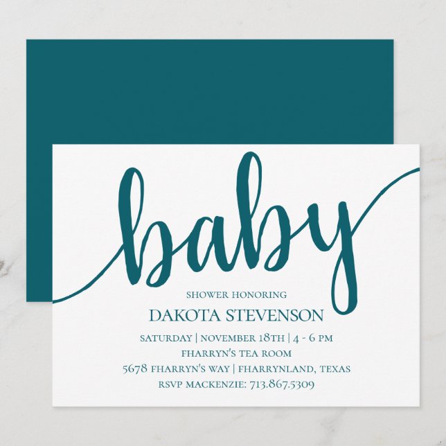 Invitation Script Turquoise simple | Baby shower bleu foncé (Devant / Derrière)
