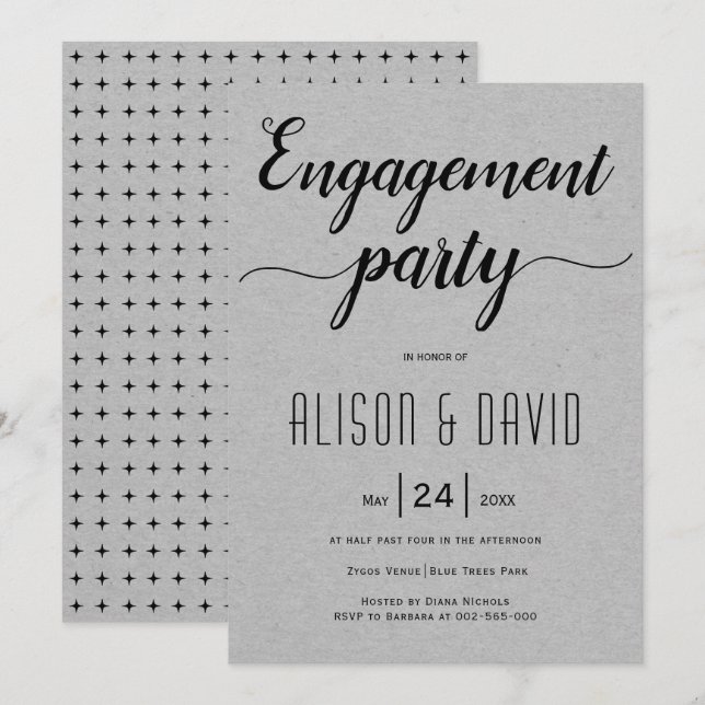 Invitation Script typographie gris mariage partie d'engagemen (Devant / Derrière)