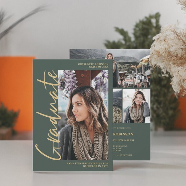 Invitation Script vert émeraude diplômé de la photo graduatio (Script green emerald graduate photo graduation Invitation)