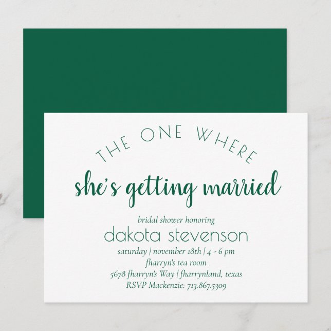 Invitation Script vert simple | Une Où Elle Se Marie (Devant / Derrière)