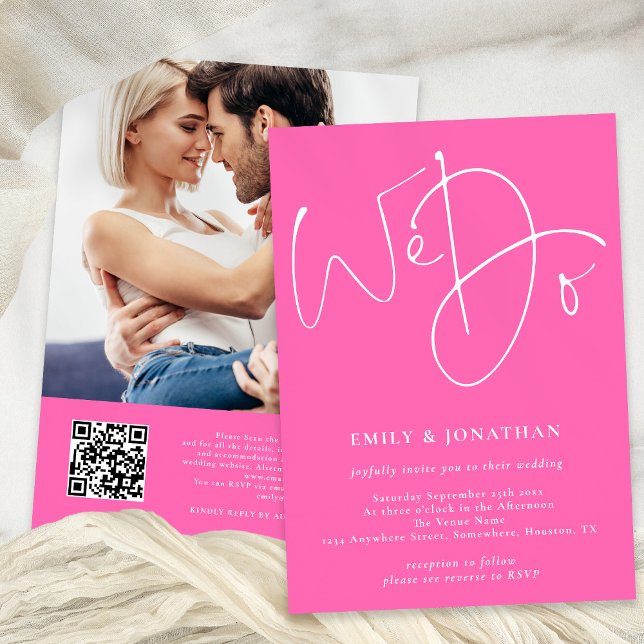 Invitation Script We Do Photo QR Code Hot Pink Mariage (Front and Back View)