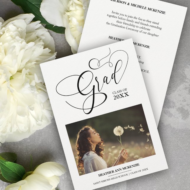 Invitation Script Whimsical Chic Black Modern Photo Graduate (Créateur téléchargé)