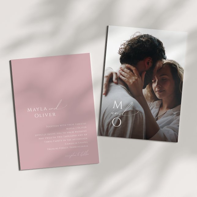 Invitation Script Whimsical | Rose Mariage photo Monogramme (Créateur téléchargé)