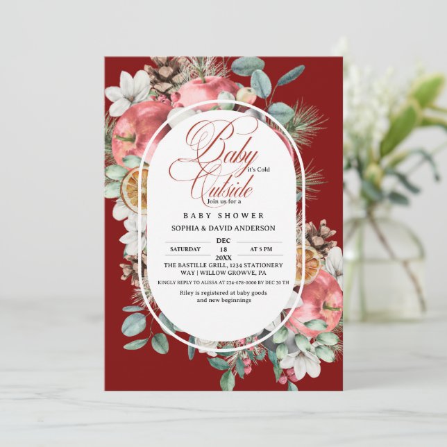 Invitation Script Winter Pine Trees Greenery  Red Baby shower (Debout devant)