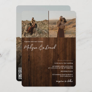 Invitation Scripts en bois rustique noms 3 photos code qr mar