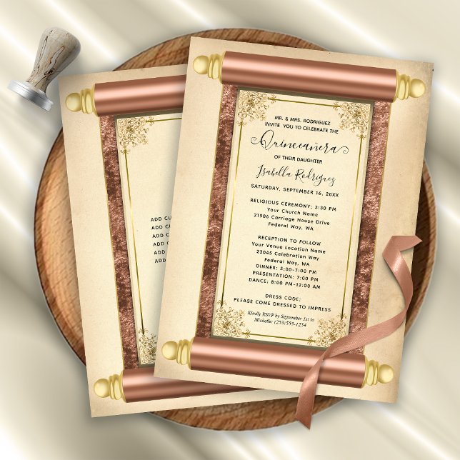 Invitation Scroll or Rose vintage Elegant Quinceañera (Vintage Rose Gold Scroll Elegant Quinceañera Invitation)